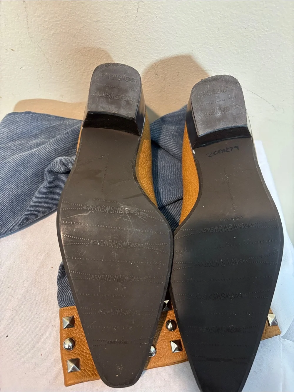 Vintage Stuart Weitzman Blue Denim and Tan Studded Boots